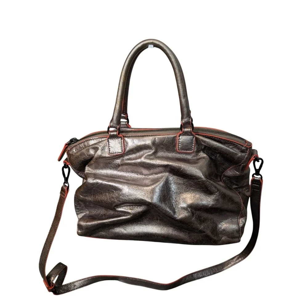 Liebeskind Berlin Metallic Bronze Leather Satchel Bag Neon Orange Trim Crossbody